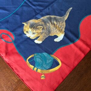 Blue and Red Kitten Print Scarf with Yarn Motif 35“ x 35“